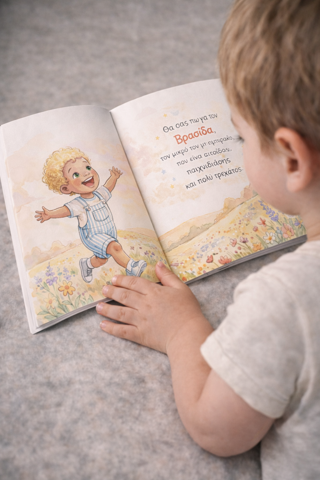 Μικρό παιδί διαβάζει το παιδικό παραμύθι Βρασίδας με εικονογράφηση σε λιβάδι