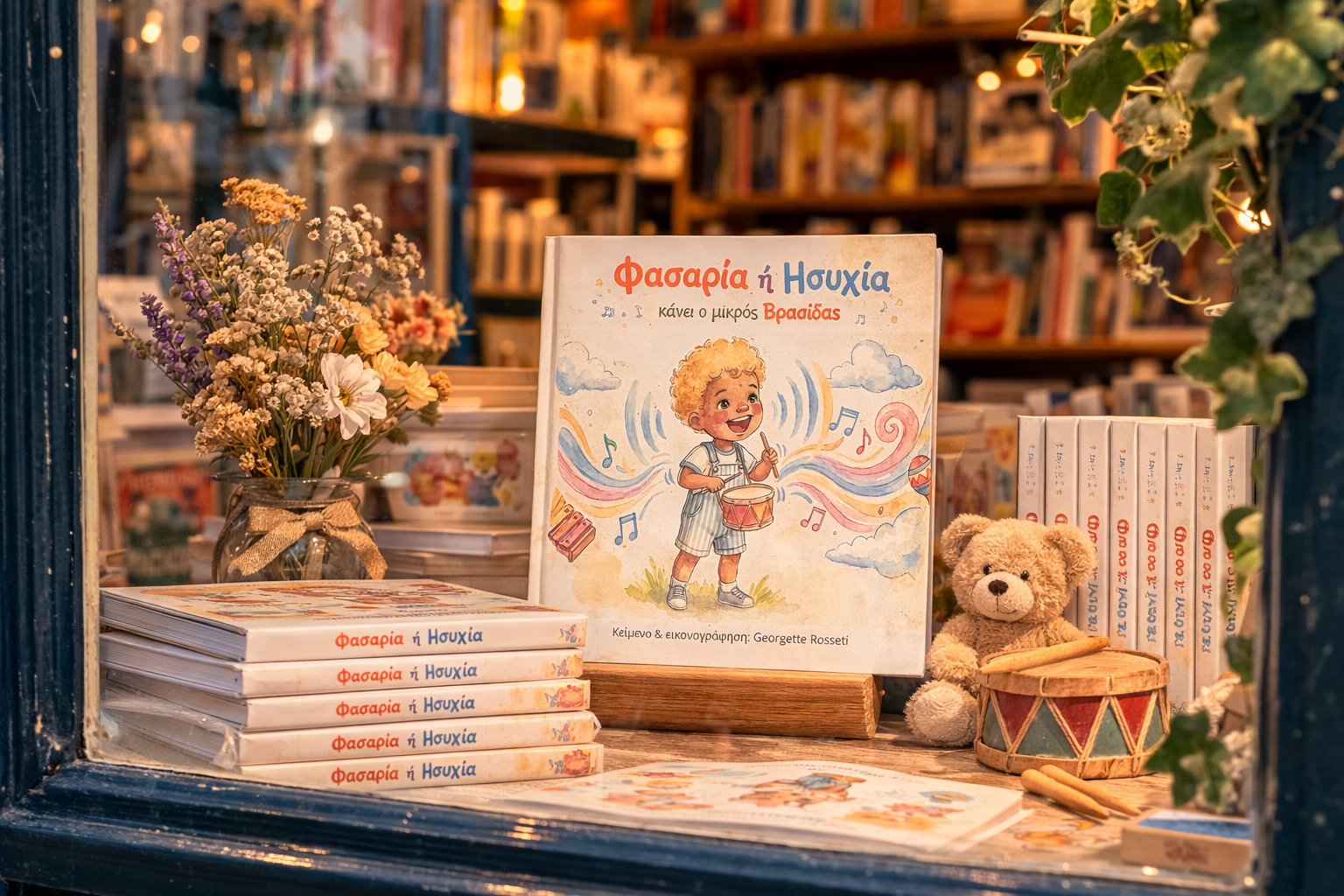 Το παιδικό βιβλίο «Φασαρία ή Ησυχία κάνει ο μικρός Βρασίδας» σε βιτρίνα βιβλιοπωλείου με στοίβα βιβλίων και παιδικό παιχνίδι